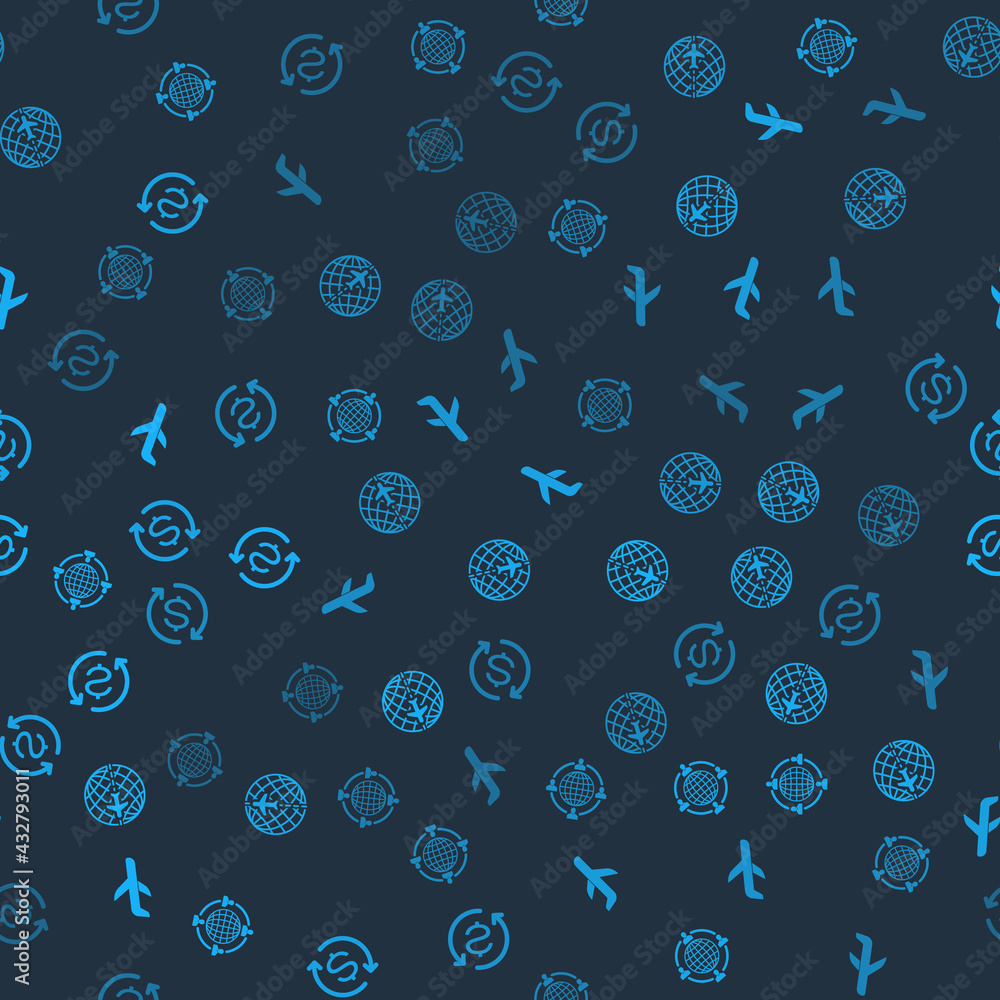 Poster set outsourcing concept, globe with flying plane, plane and return of investment on seamless pattern