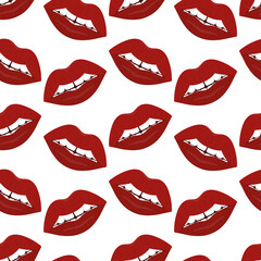 Plump lips. The seductive mouth is slightly open. Repeating vector pattern. Seamless seductive ornament. Endless background of kisses. Isolated colorless background. Flat style. 