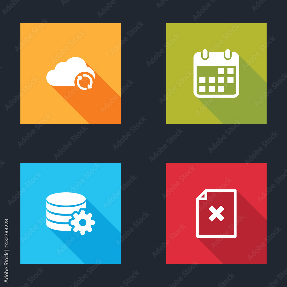 Poster set cloud sync refresh, calendar, setting database server and delete file document icon. vector