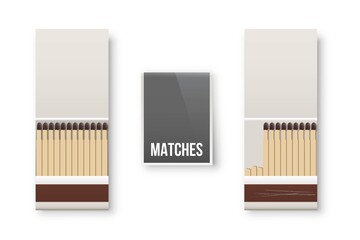 Open and closed matchboxes with matches. Boxes with heap of flammable matches. Kitchen house equipment vector illustration. Design of used package with scratches on white background
