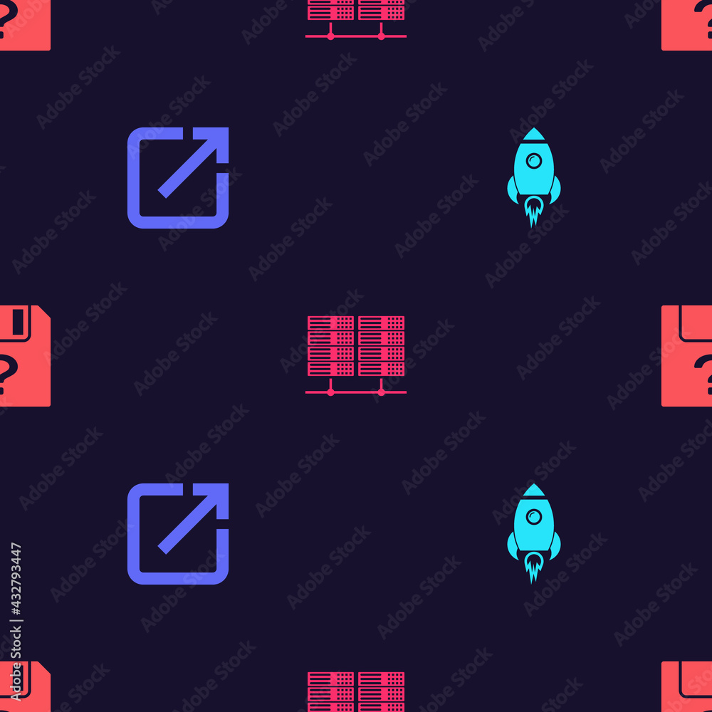 Poster set rocket ship with fire, open in new window, server, data, web hosting and unknown document on sea
