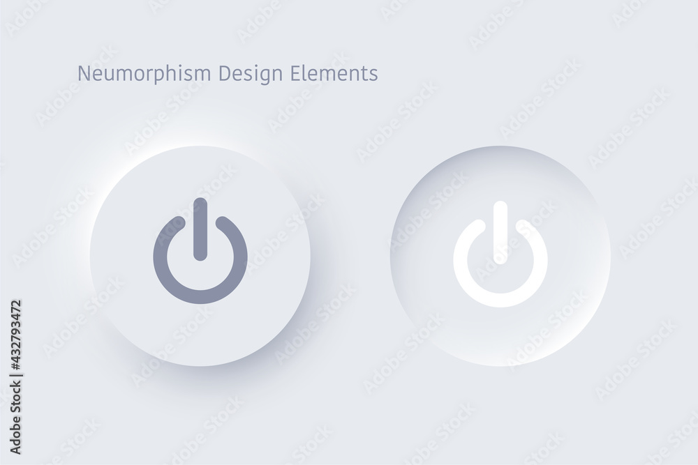 Poster Editable neumorphism on off round shape power button set. Circle objects for website, mobile menu, navigation and application. Realistic vector design. UI component isolated on white background.