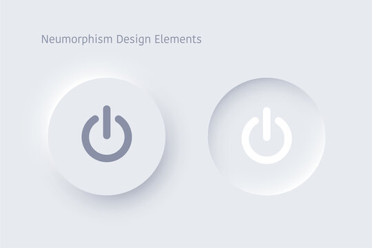 Editable neumorphism on off round shape power button set. Circle objects for website, mobile menu, navigation and application. Realistic vector design. UI component isolated on white background.