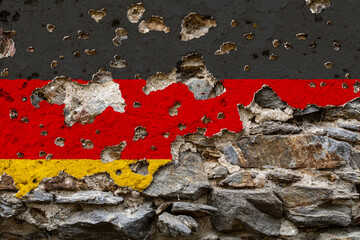 Concept of the Political Situation in Germany with a damaged painted flag on a cracked wall with wholes. 3D-Illustration. 3D-rendering