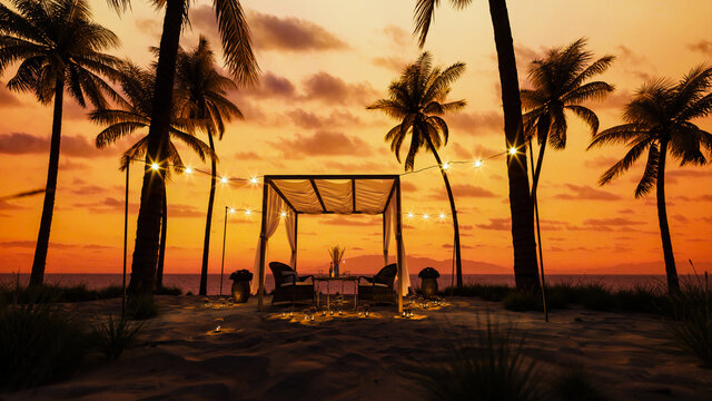 Table under canopy on the beach. Silhouette of beach cafe. Romantic dinner on the beach. Romantic sunset on the beach under palm trees. 3d render