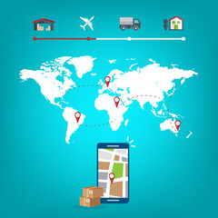 Delivery service app on mobile phone. Shipment track concept. Vector illustration.