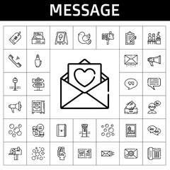 message icon set. line icon style. message related icons such as pigeon, megaphone, sign, stamp, telephone, stop sign, clipboard, quotes, mailbox, signs, fountain pen, postcard