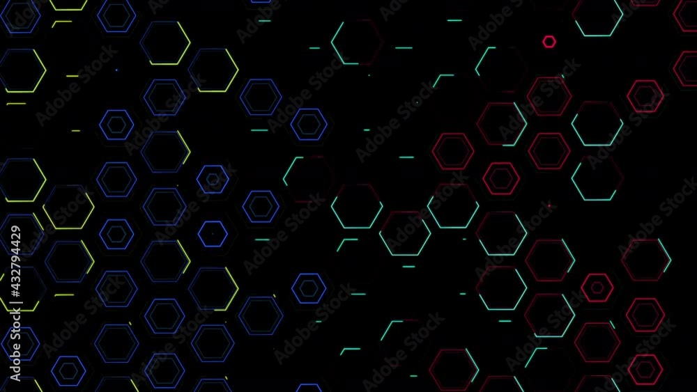 Poster movement of a wall of hexagons in waves up and down, which creates green self-luminous hexagons. abs