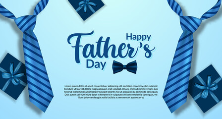 Happy father's day poster banner template with realistic blue color of tie and present box top view