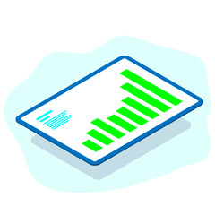 Large tablet top view with a graph of the growth of trades. digital cryptocurrency bitcoin rise in value. isometric view 3d illustration