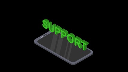 Isometric animation of the phone with support. Contact support online 24 hours. Animation on a transparent background. 4K