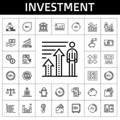 investment icon set. line icon style. investment related icons such as safebox, profits, wallet, coins, piggy bank, tax, bank, money, balance, percentage, negotiation, bar chart