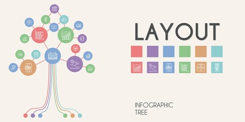 layout vector infographic tree. line icon style. layout related icons such as gift, smartphone, color, bar graph, graphic design, pyramid chart, presentation, id card, open book
