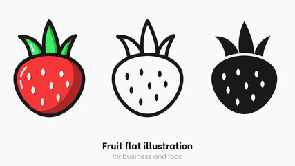 Flat strawberry vector set. Summer red fruit in flat style for garden and diet. Sweet strawberry icon set for dessert and health with black outline isolated on white background