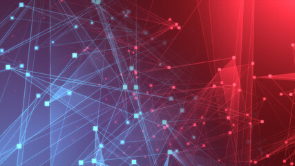 Abstract red blue polygon tech network with connect technology background. Abstract dots and lines texture background. 3d rendering.
