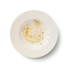 Top view of empty plate, dirty after the meal is finished isolate.