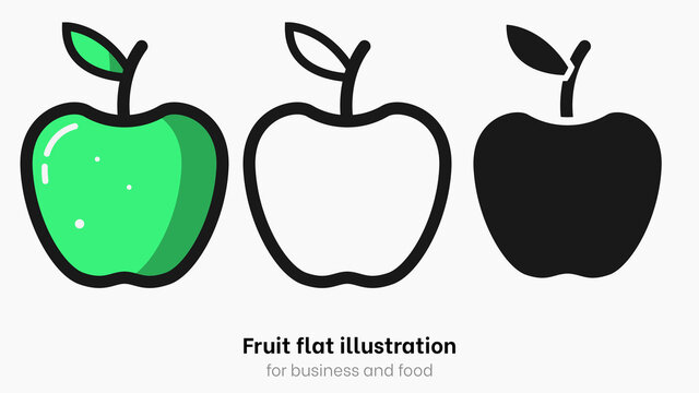 Flat apple vector illistration isolated on white background. Black outline, funny and cute apple fruit for diet, vitamin and summer. Cartoon flat apple vector set for vegetarian, fruit set for orchard