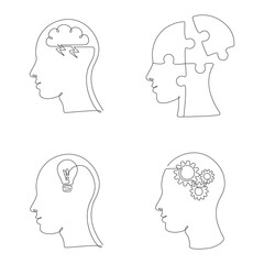 Set of human head with mental state and emotions in one line drawing. Vector illustration Creative mind, study and design icons, logos for psychologist social media post