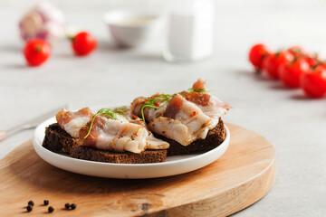 Two bread slices with salted pork bacon or lard, traditional snacks to Ukrainian borscht