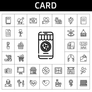 card icon set. line icon style. card related icons such as love, shop, woman, father, pantone, photo camera, bank, basketball, wedding arch, shopping cart, gifts, notebook