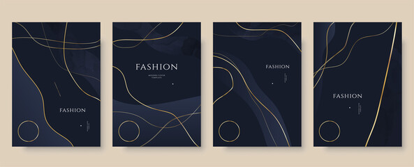 Abstract elegant gold cover set. Dark blue golden print set for business and contemporary invite. Rich and gold cover for invitation template and card. Gold VIP fashion print, minimalist aesthetic