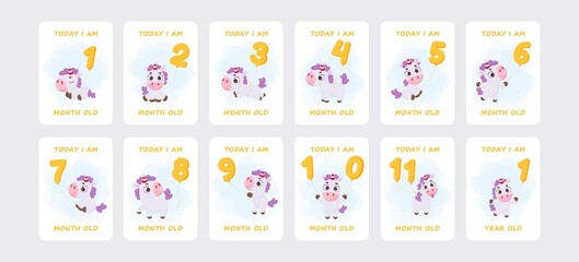 Baby milestone cards with cute magical unicorn flying on number balloons for newborn girl or boy. Baby month anniversary card. Nursery print capturing all special moments. Stock vector illustration
