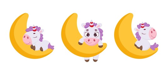 Set of cute magical unicorn on moon. Funny magic unicorn cartoon character collection for print, cards, baby shower, invitation, wallpapers, decor. Stock vector illustration.