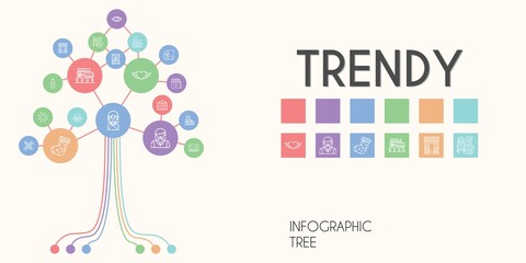 trendy vector infographic tree. line icon style. trendy related icons such as calendar, sunglasses, suitcase, woman, student, mall, pantone, pencil, sun, heart, eye