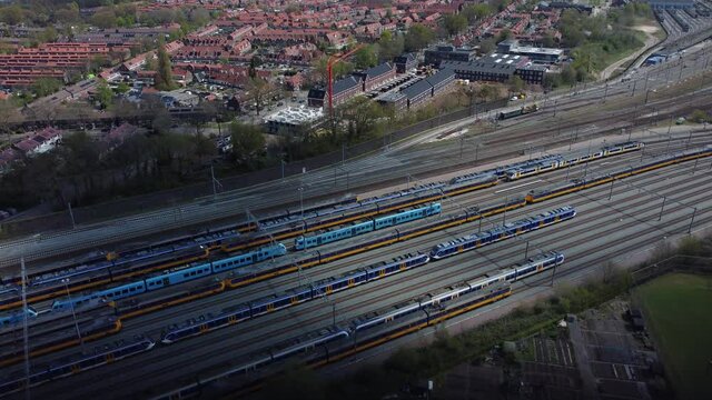 Marshalling railway station in Amersfoort the Netherlands with lots of trains, Aerial
