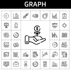 graph icon set. line icon style. graph related icons such as app, profits, rising, sound, investment, pie chart, tax, presentation, analytics, line chart, global warming, portfolio