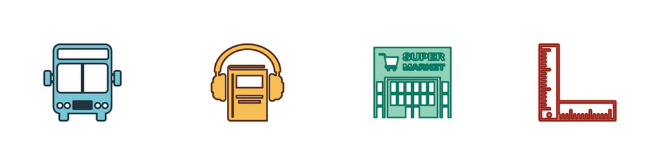 Set Bus, Audio book, Supermarket building and Folding ruler icon. Vector