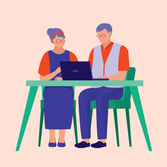 Senior Couple Using Laptop. Education Concept. Vector Illustration Flat Cartoon. Elderly Man And Woman Using Computer.