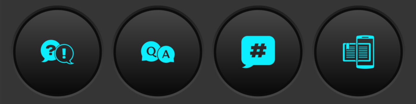 Set Question and Exclamation, Answer, Hashtag speech bubble and Smartphone book icon. Vector