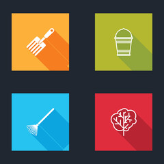 Set Garden fork, Bucket, rake leaves and Tree icon. Vector