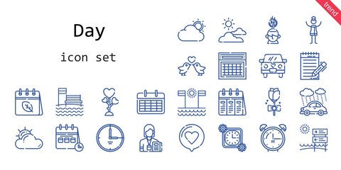 day icon set. line icon style. day related icons such as calendar, love, alarm clock, rain, woman, journalist, cloud, wedding car, cloudy, saving, love birds, beach, rose, time,