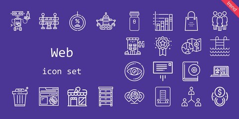 web icon set. line icon style. web related icons such as settings, audiobook, electric razor, drawer, traffic barrier, discount, store, message, laptop, trash, network, robot, vision, shopping bag