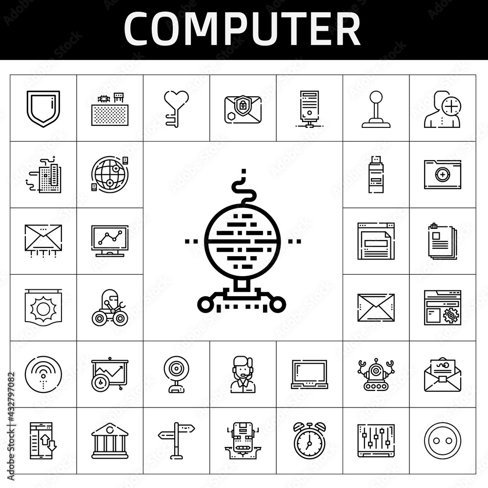 Poster computer icon set. line icon style. computer related icons such as server, components, mail, custome