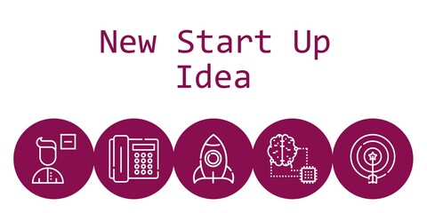 new start up idea background concept with new start up idea icons. Icons related rocket, telephone, remove user, artificial intelligence, target