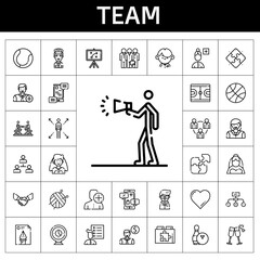 team icon set. line icon style. team related icons such as bride, handshake, woman, student, scientist, advertising, employee, bowling, network, ball, communications, basketball