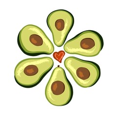 Avocado composition. Cartoon avocados are collected in a circle, and in the middle of the heart.