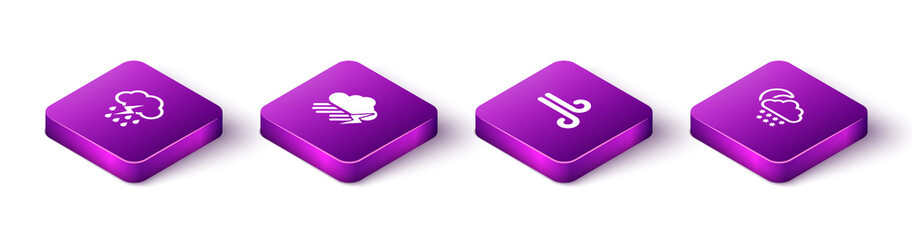 Set Isometric Cloud with rain and lightning, , Wind and snow moon icon. Vector