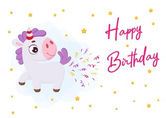 Happy Birthday printable party greeting card with cute magical unicorn pooping confetti. Birthday party invitation card template. Bright colored stock vector illustration