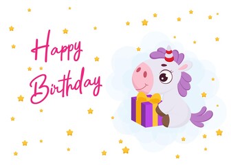 Happy Birthday printable party greeting card template with cute magical unicorn sitting with gift box. Bright colored stock vector illustration