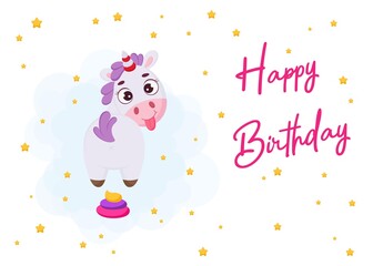 Happy Birthday printable party greeting card template with cute magical unicorn with rainbow colored poop. Bright colored stock vector illustration