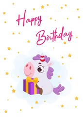 Happy Birthday printable party greeting card with cute magical unicorn sitting with gift box. Birthday party invitation card template. Bright colored stock vector illustration