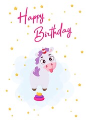 Happy Birthday printable party greeting card with cute magical unicorn with rainbow colored poop. Birthday party invitation card template. Bright colored stock vector illustration