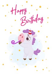 Obraz na płótnie Canvas Happy Birthday printable party greeting card with cute magical unicorn with celebration pipe. Birthday party invitation card template. Bright colored stock vector illustration