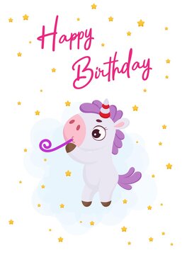 Happy Birthday printable party greeting card with cute magical unicorn with celebration pipe. Birthday party invitation card template. Bright colored stock vector illustration