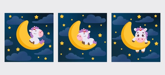 Cute little unicorn sleeping on moon in night sky set card template. Cartoon character for kids room decoration, nursery art, birthday party, baby shower. Bright colored stock vector illustration
