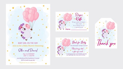 Baby Shower printable party invitation card template Baby girl on the way with Diaper Raffle, Book for baby and Thank you tag. Invitation set with cute magical unicorn flying on balloons. © Jexy
